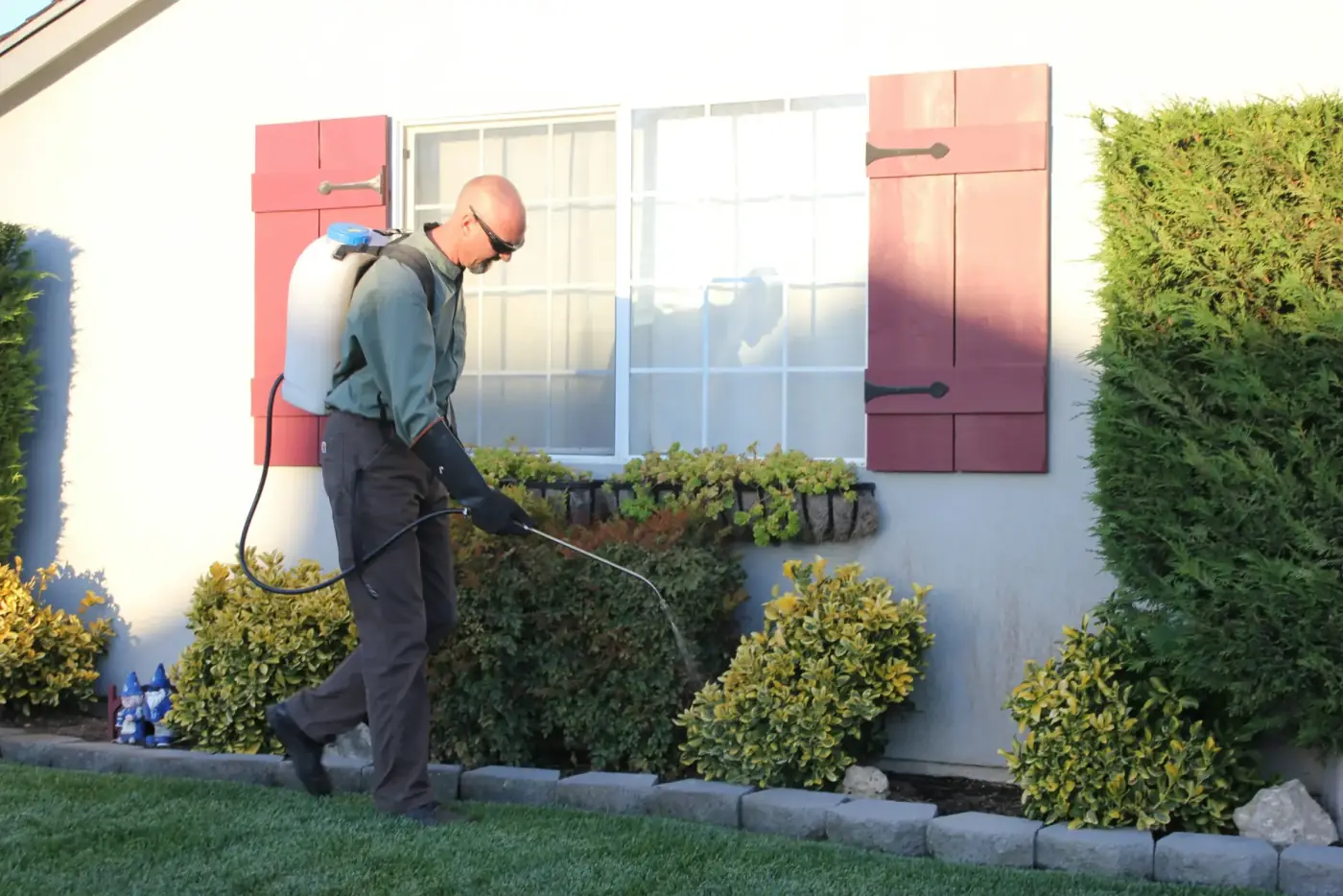 Pest-control technician spraying along the foundation of a building