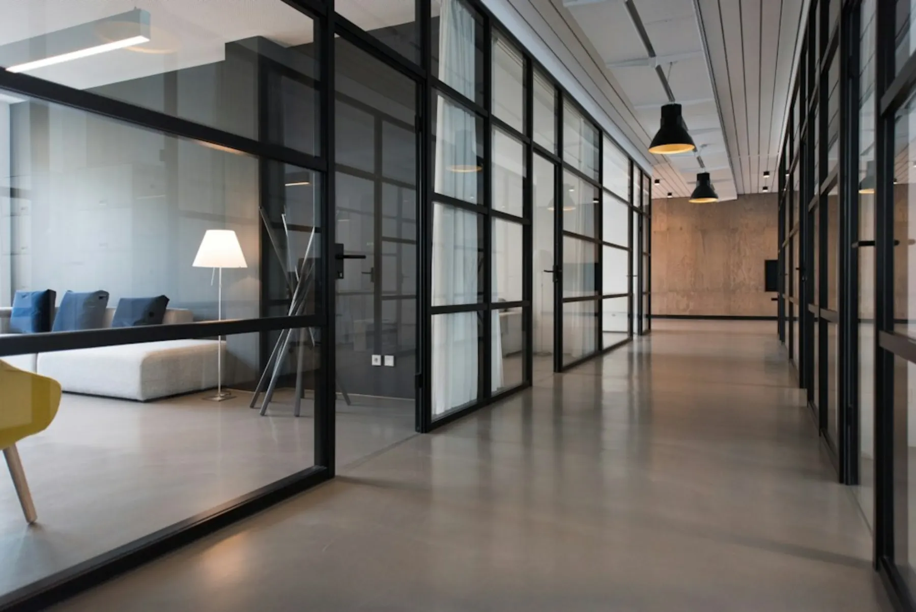 Commercial office corridor and workspaces