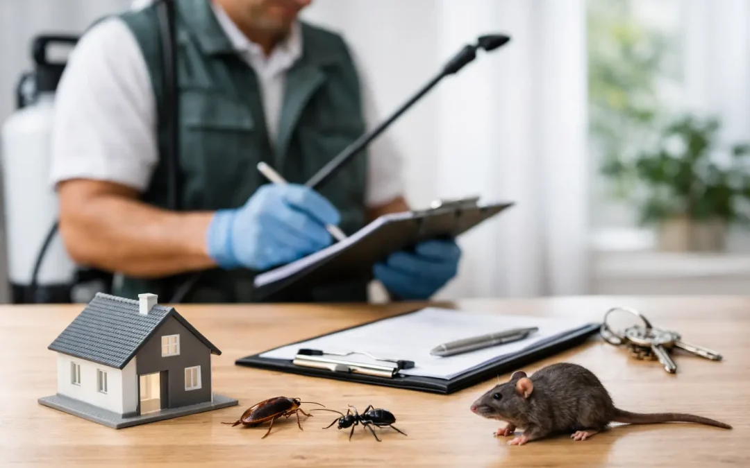 Pest control technician with a clipboard beside a toy house, a cockroach, an ant and a rat